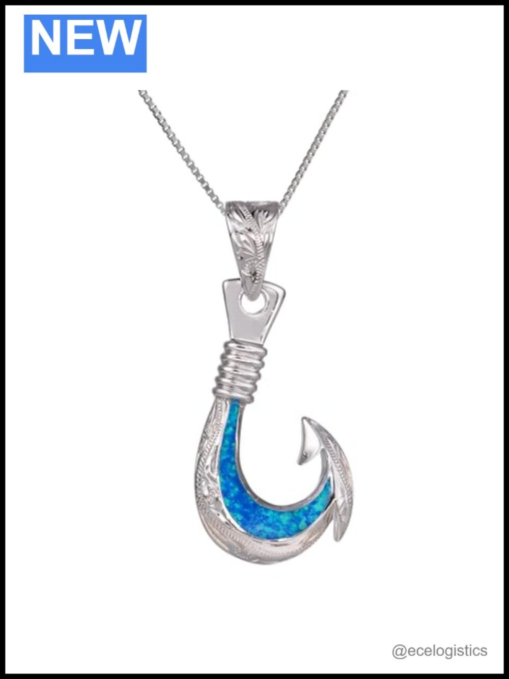 925 Sterling Silver Opal Fishhook Pendant Necklace 18" Box Chain Hypoallergenic